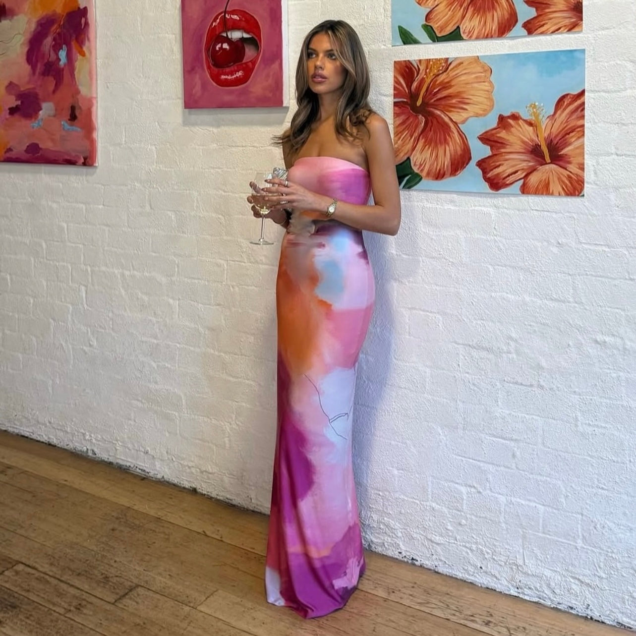 With Harper Lu strapless slip dress abstract art