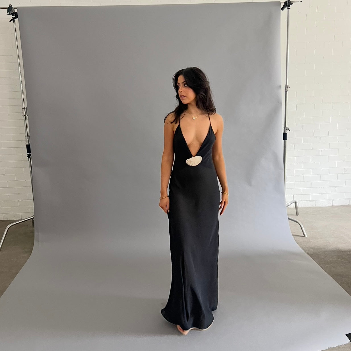 Helsa studio sheer deep V long slip dress
