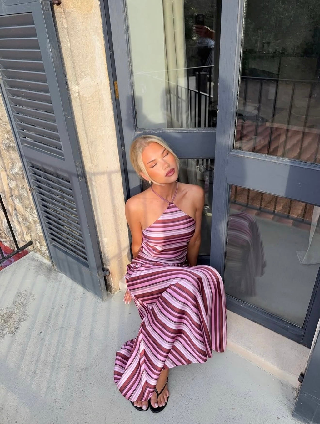 With Harper Lu halter maxi dress magenta stripe
