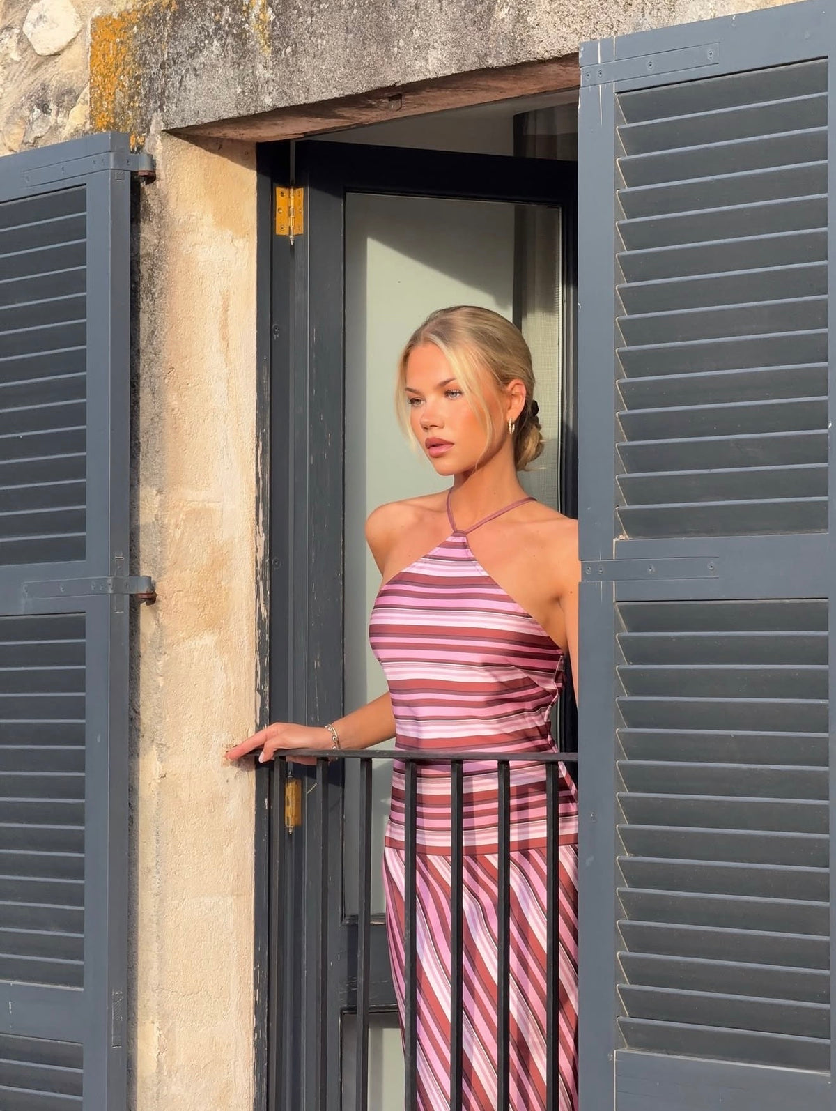With Harper Lu halter maxi dress magenta stripe