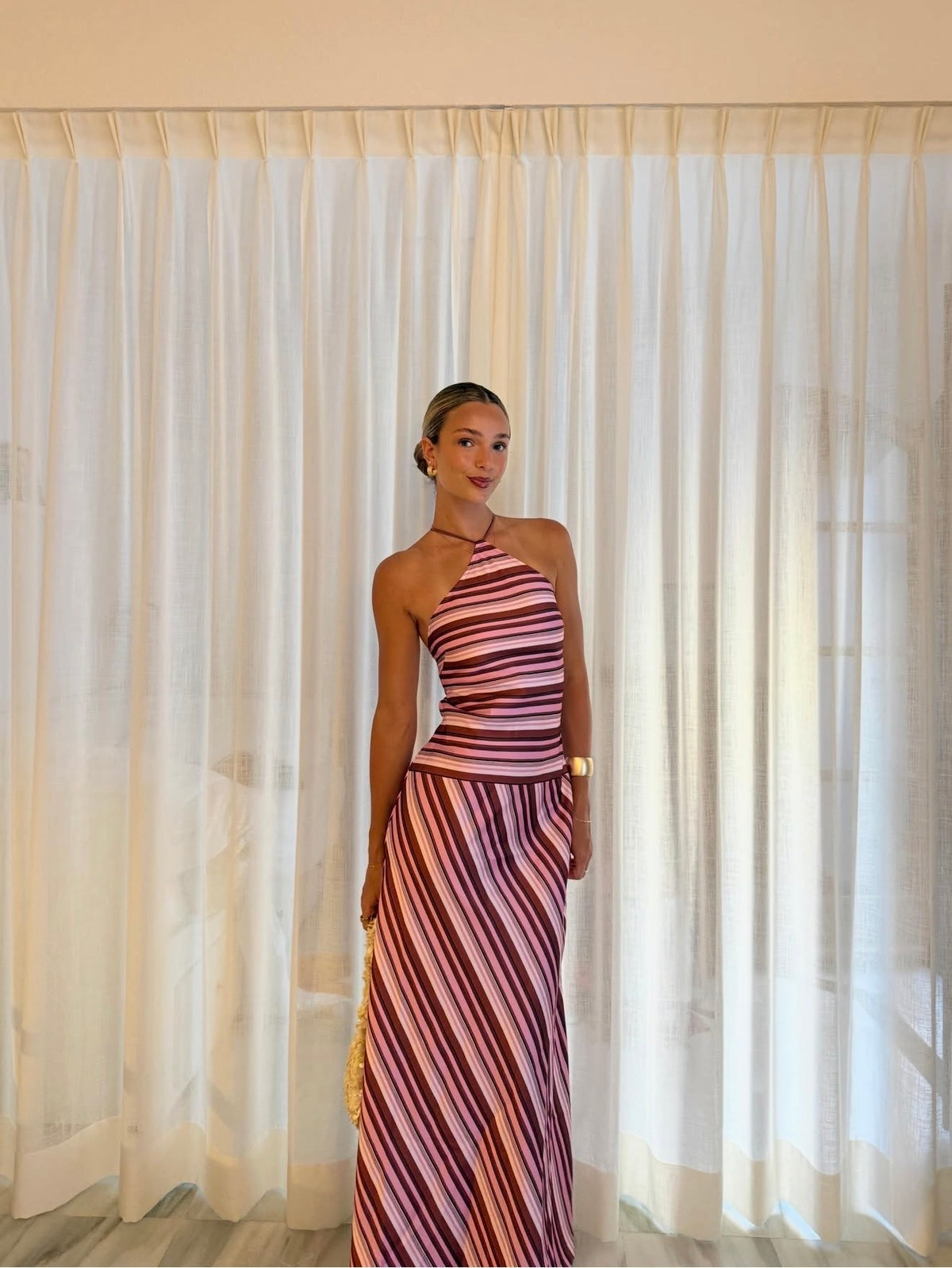 With Harper Lu halter maxi dress magenta stripe