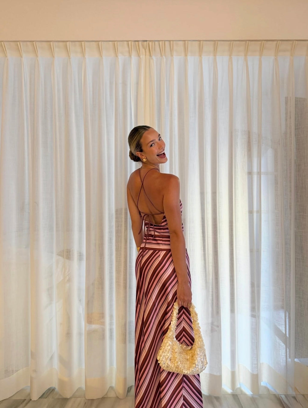 With Harper Lu halter maxi dress magenta stripe