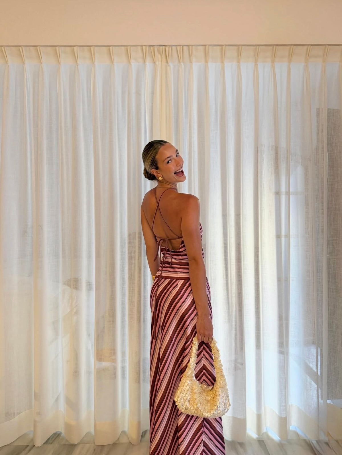 With Harper Lu halter maxi dress magenta stripe