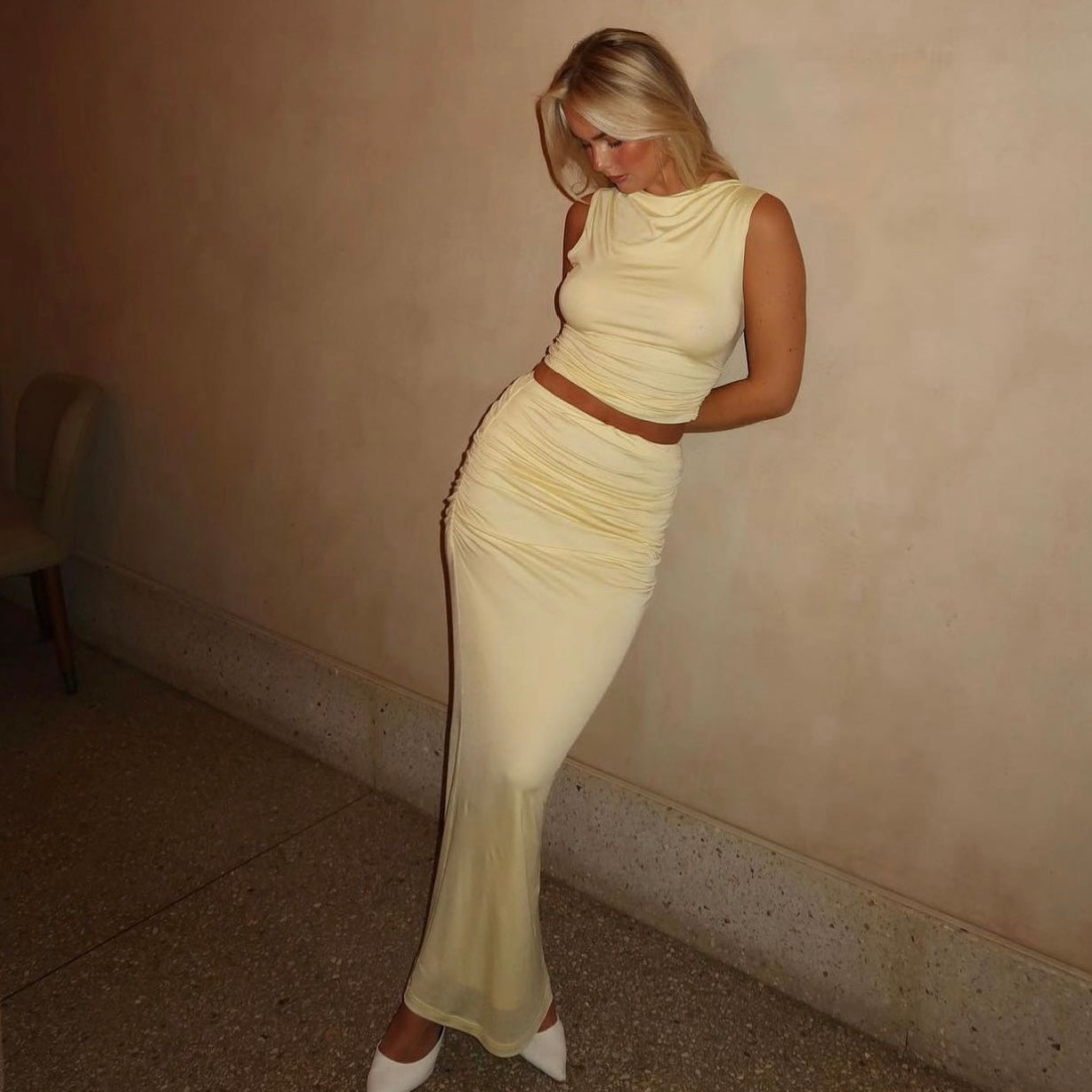 Venroy draped jersey top & skirt