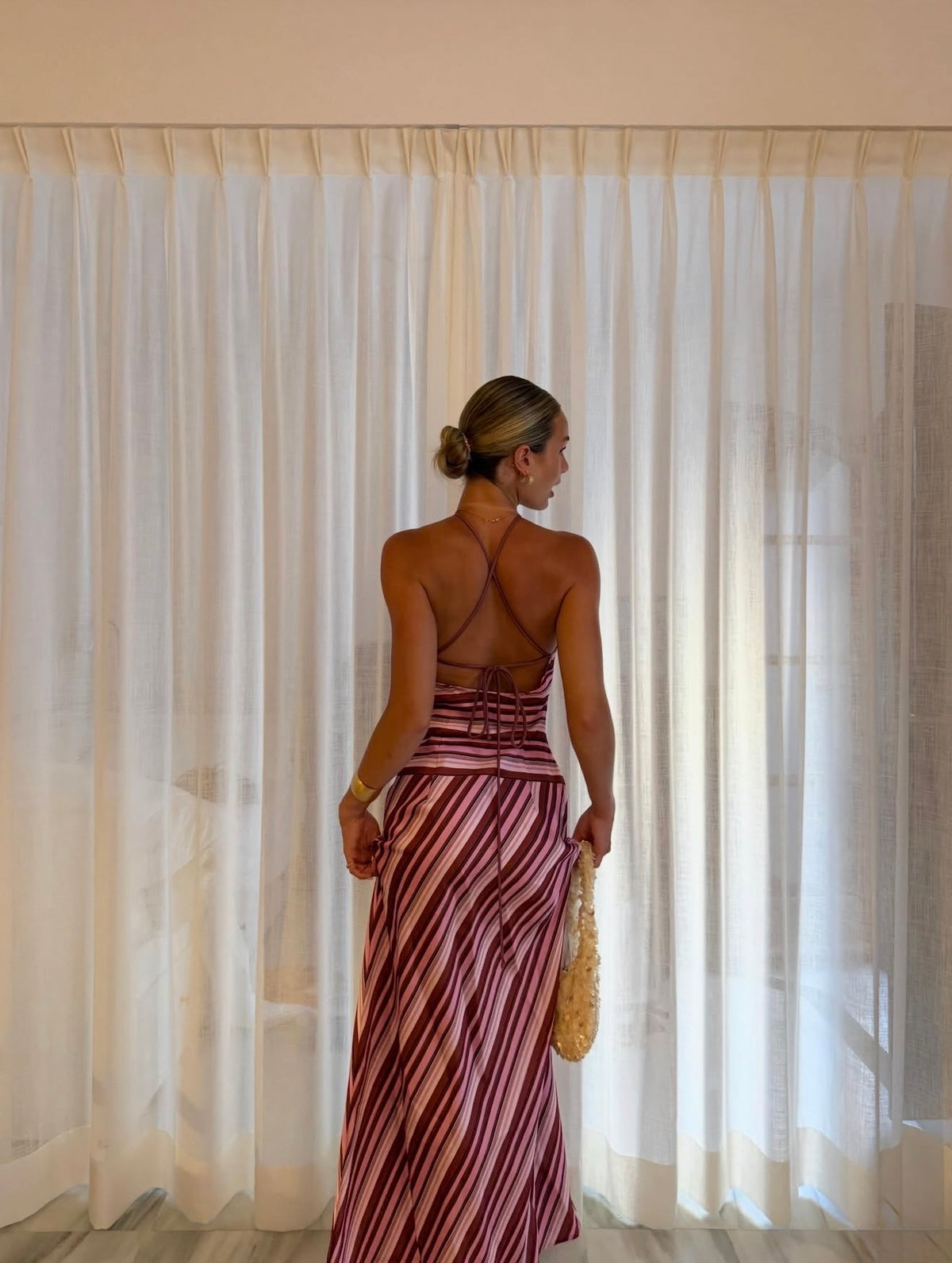With Harper Lu halter maxi dress magenta stripe