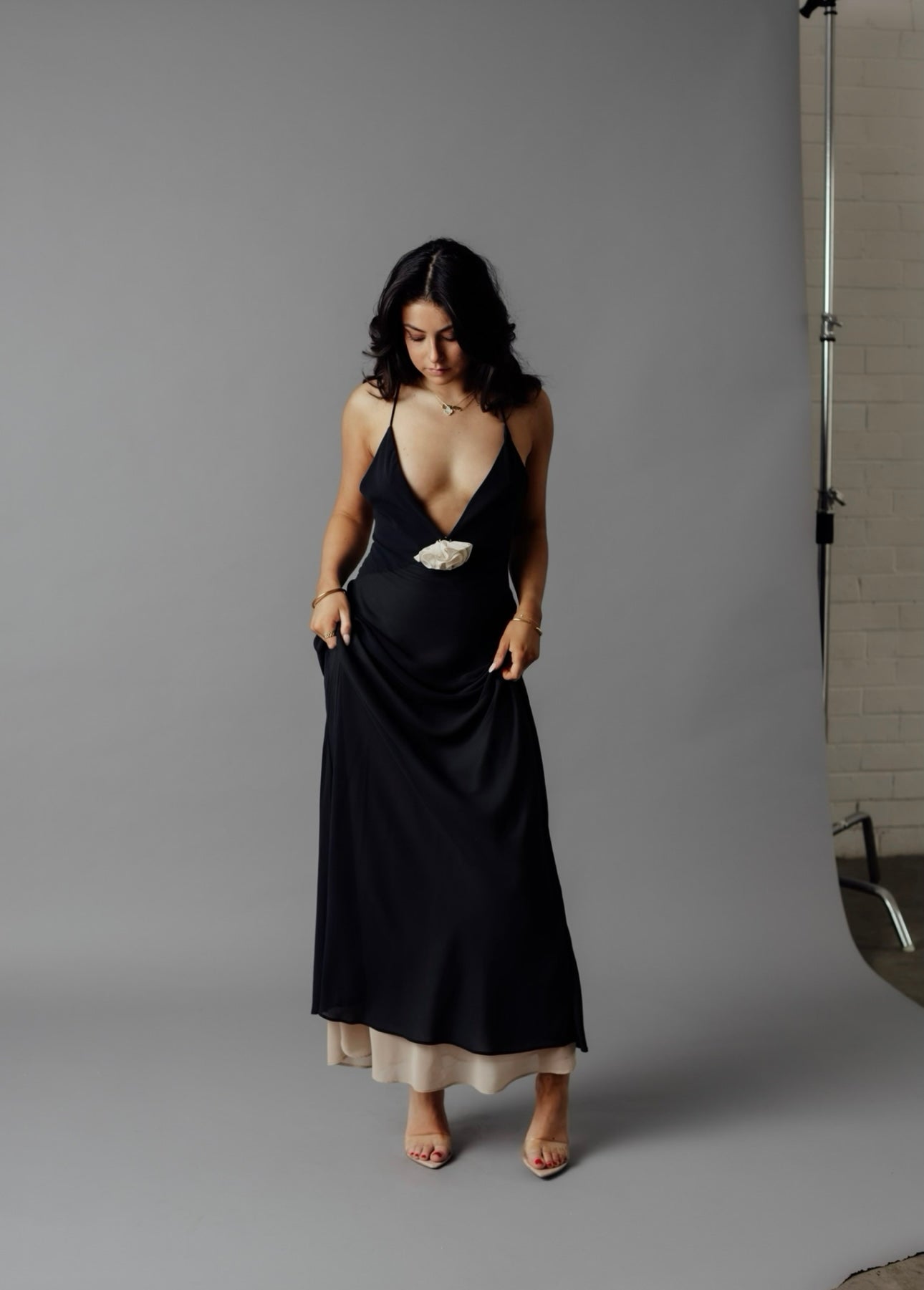 Helsa studio sheer deep V long slip dress