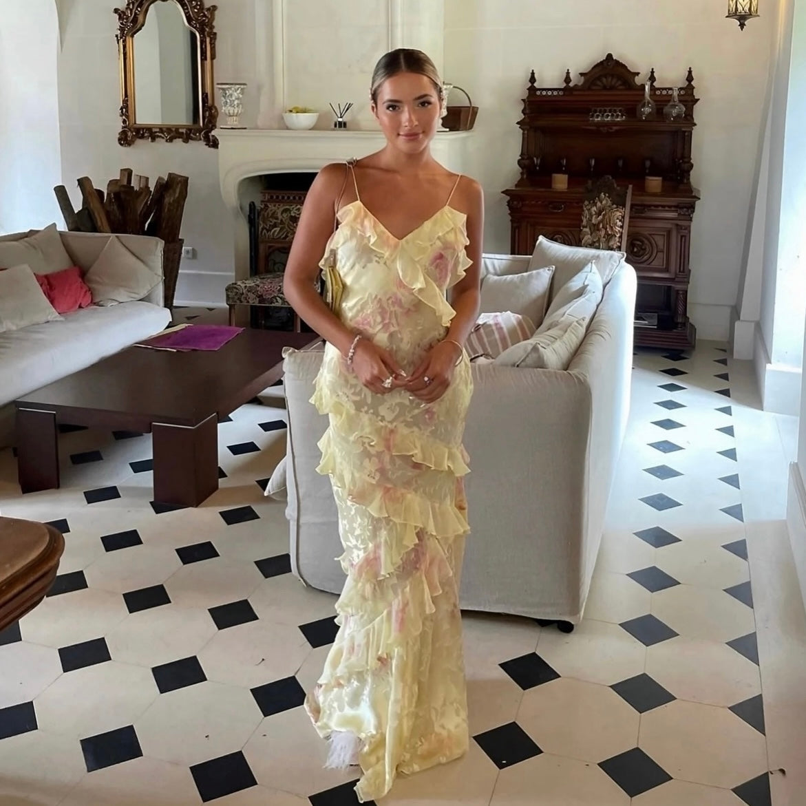 Love shack fancy Rialto floral chiffon maxi dress yellow melon