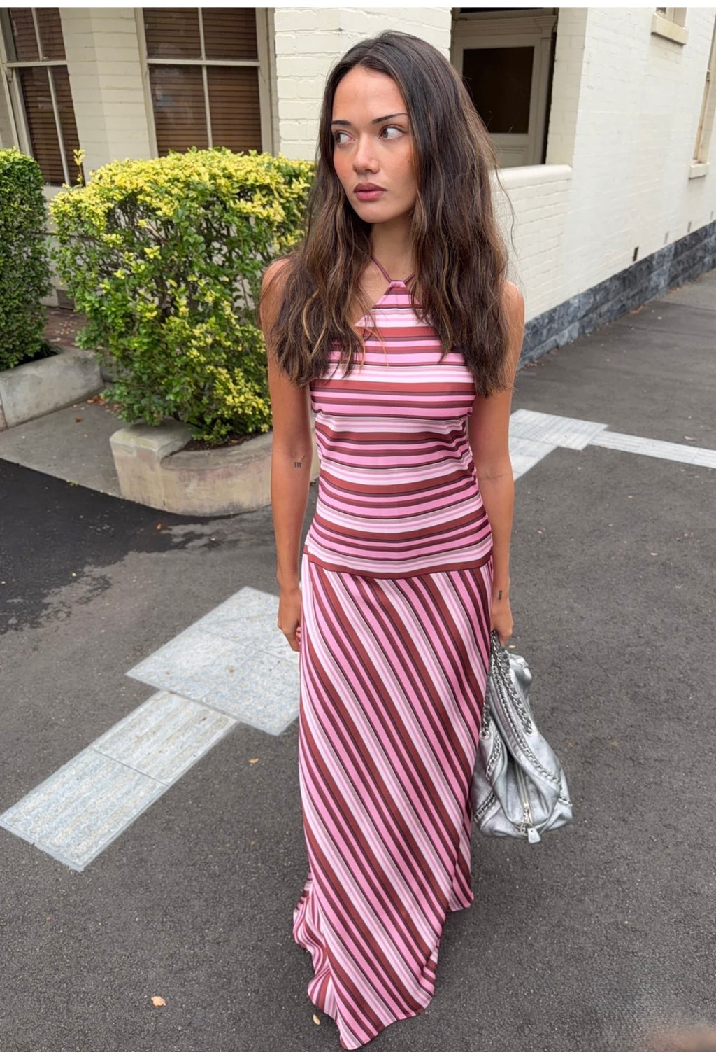 With Harper Lu halter maxi dress magenta stripe