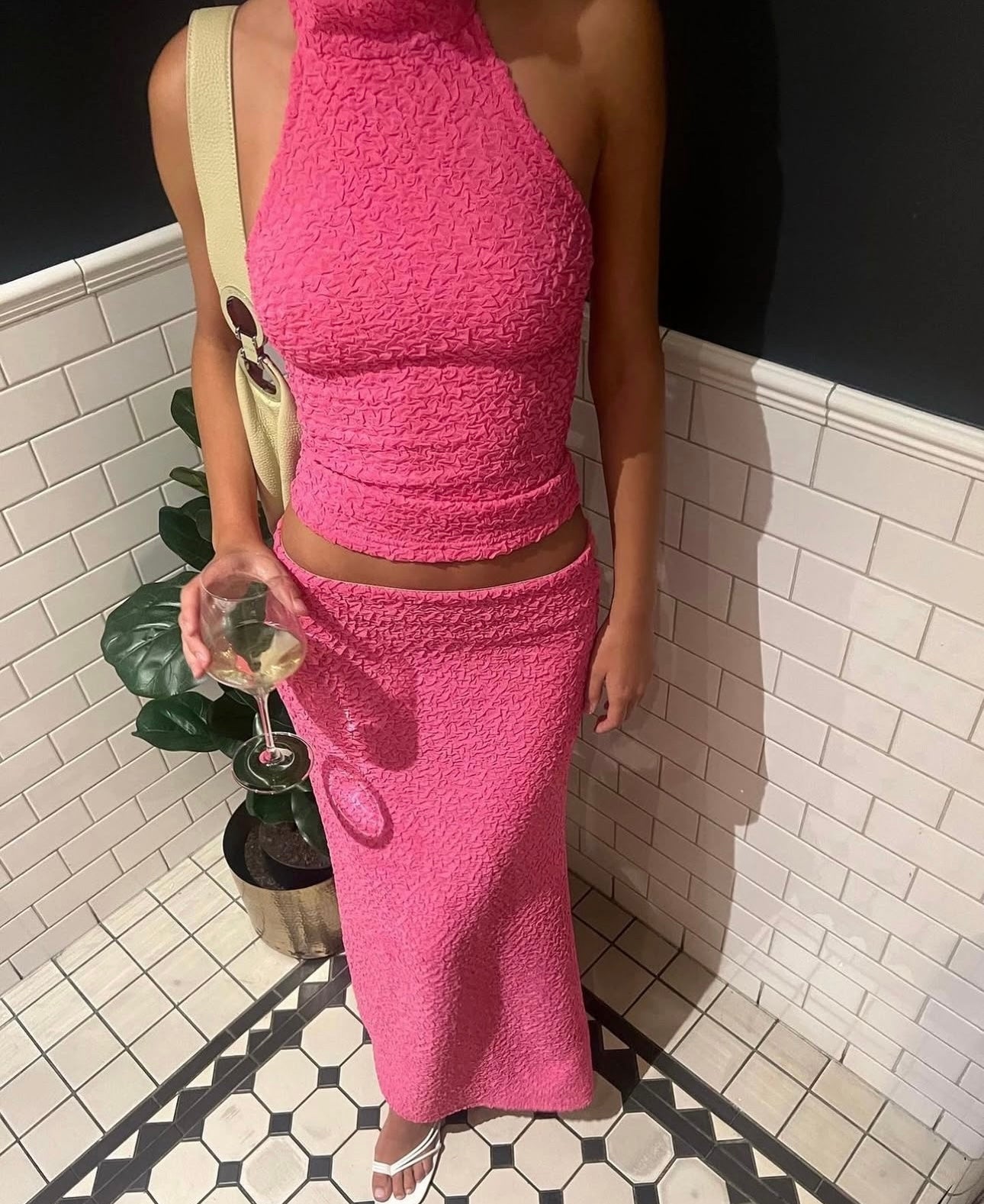 With Harper Lu textured halter top & maxi skirt fuchsia