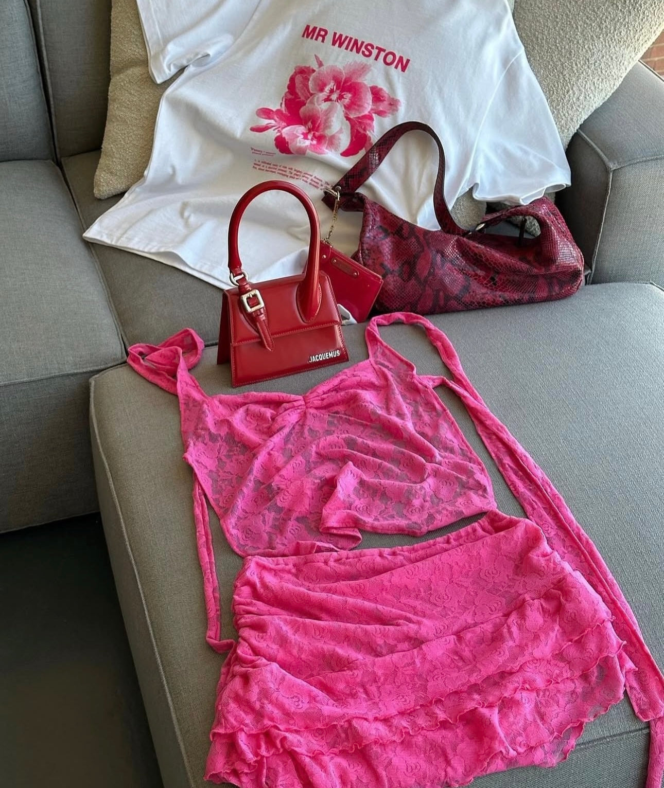 Mr Winston lace halter top & mini skirt hot pink