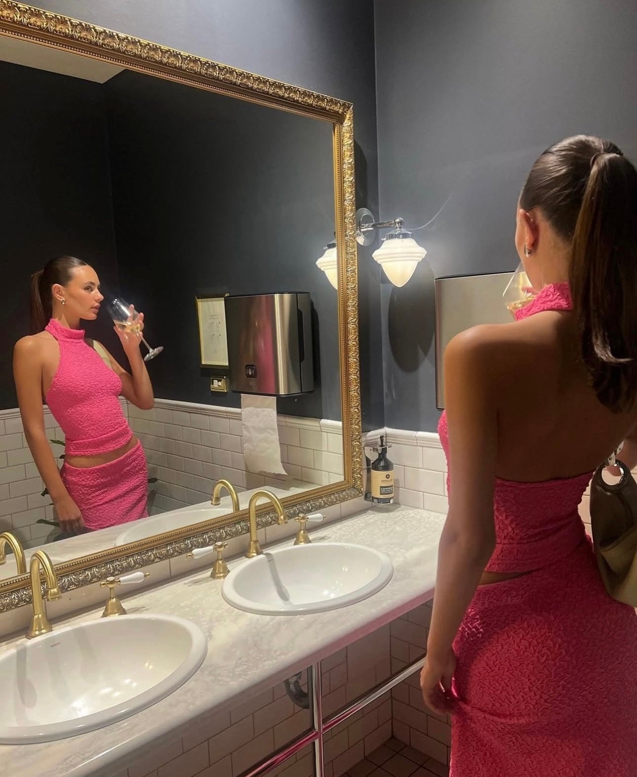 With Harper Lu textured halter top & maxi skirt fuchsia