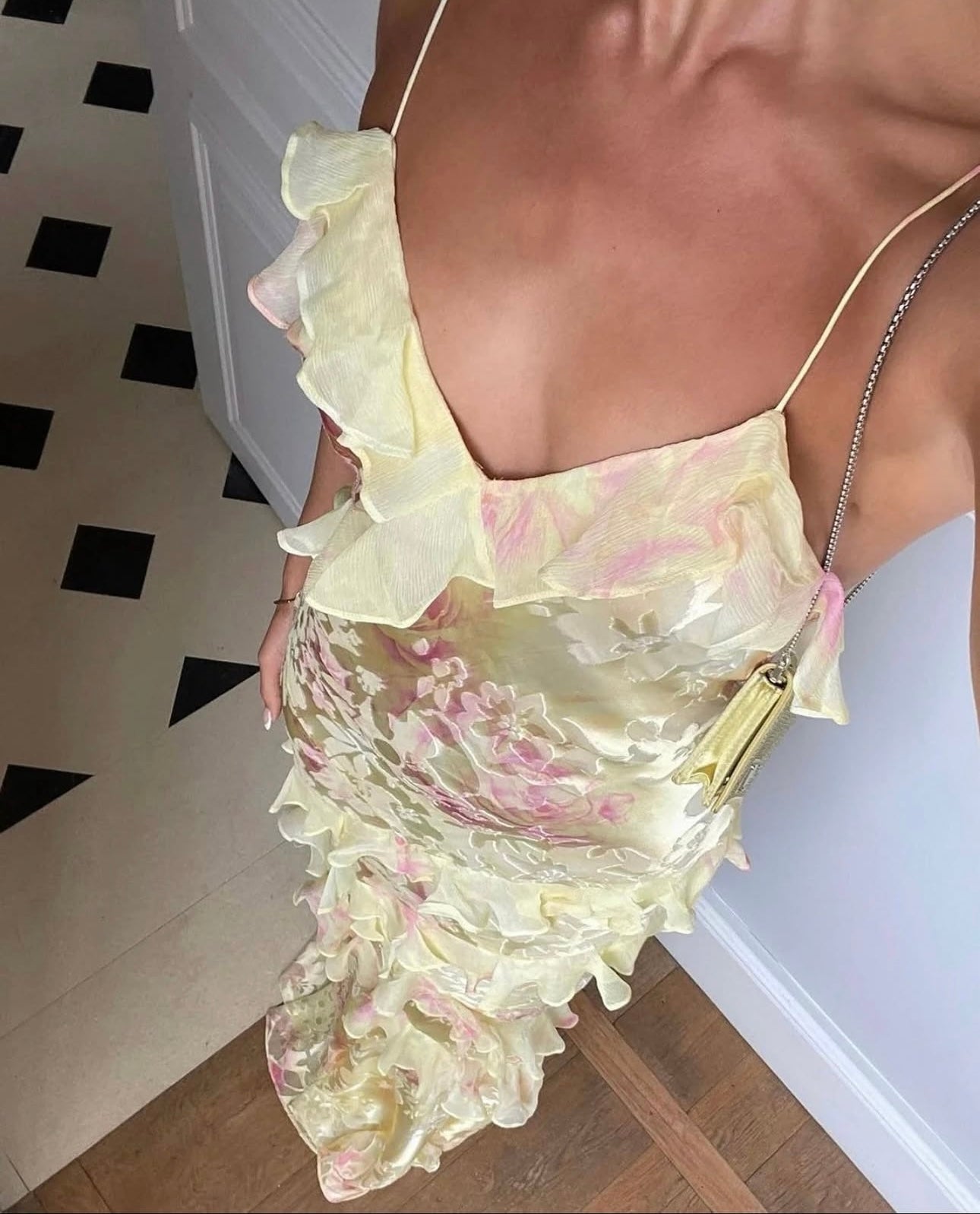 Love shack fancy Rialto floral chiffon maxi dress yellow melon