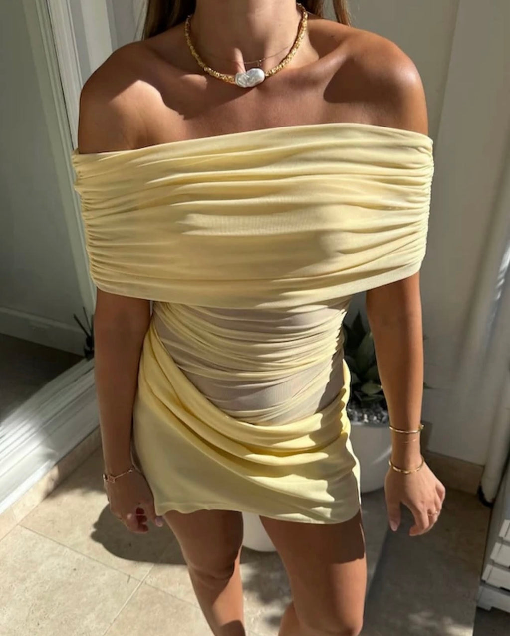 Benni Nico off shoulder mini dress butter