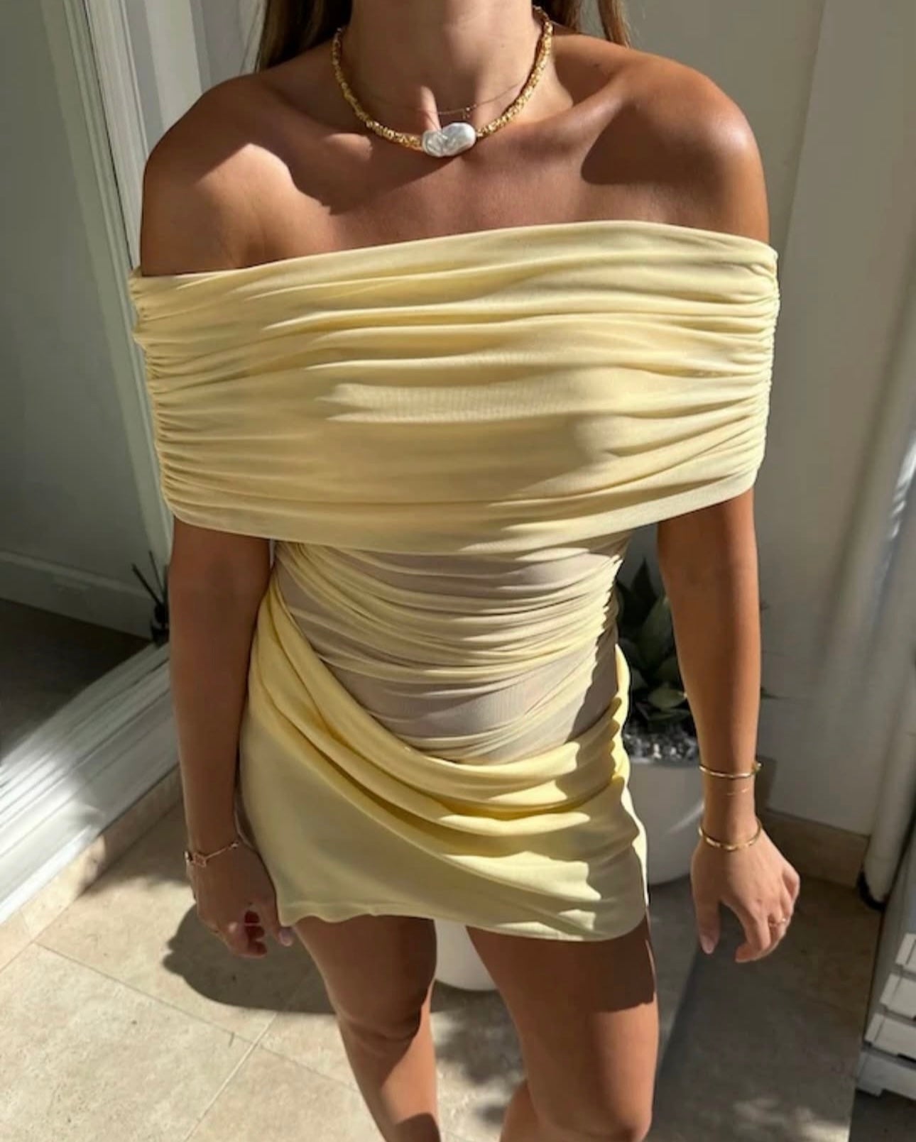 Benni Nico off shoulder mini dress butter