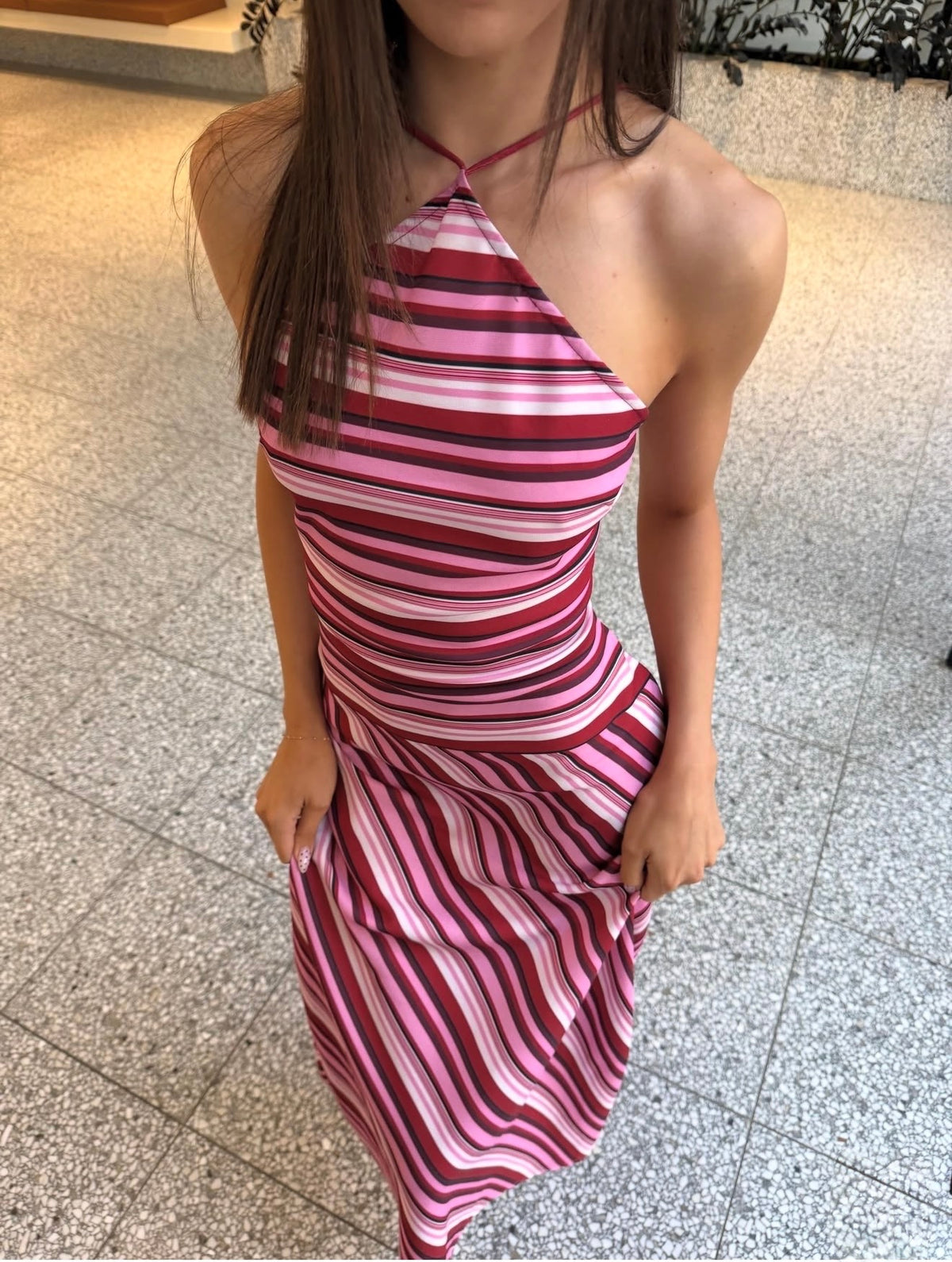 With Harper Lu halter maxi dress magenta stripe